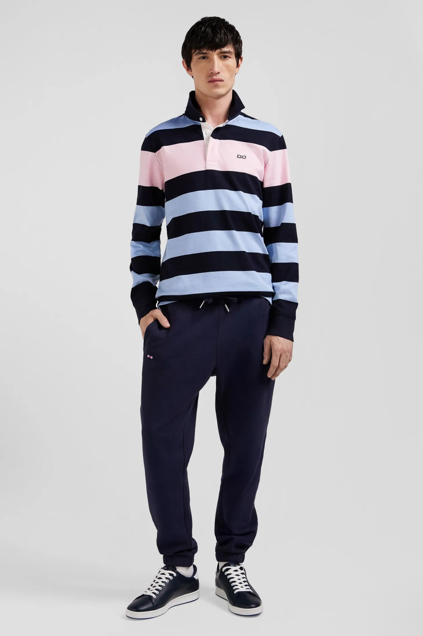Regular sky blue long-sleeved striped cotton rugby shirt