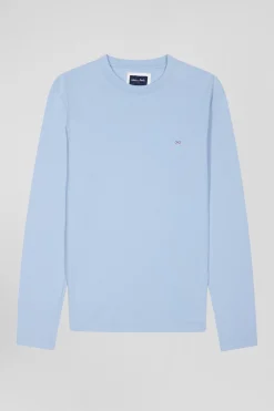 Regular sky blue long-sleeved cotton T-shirt with floral back patch