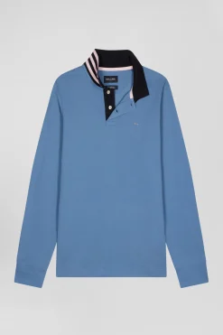 Regular sky blue long-sleeved cotton piqué polo shirt with striped collar
