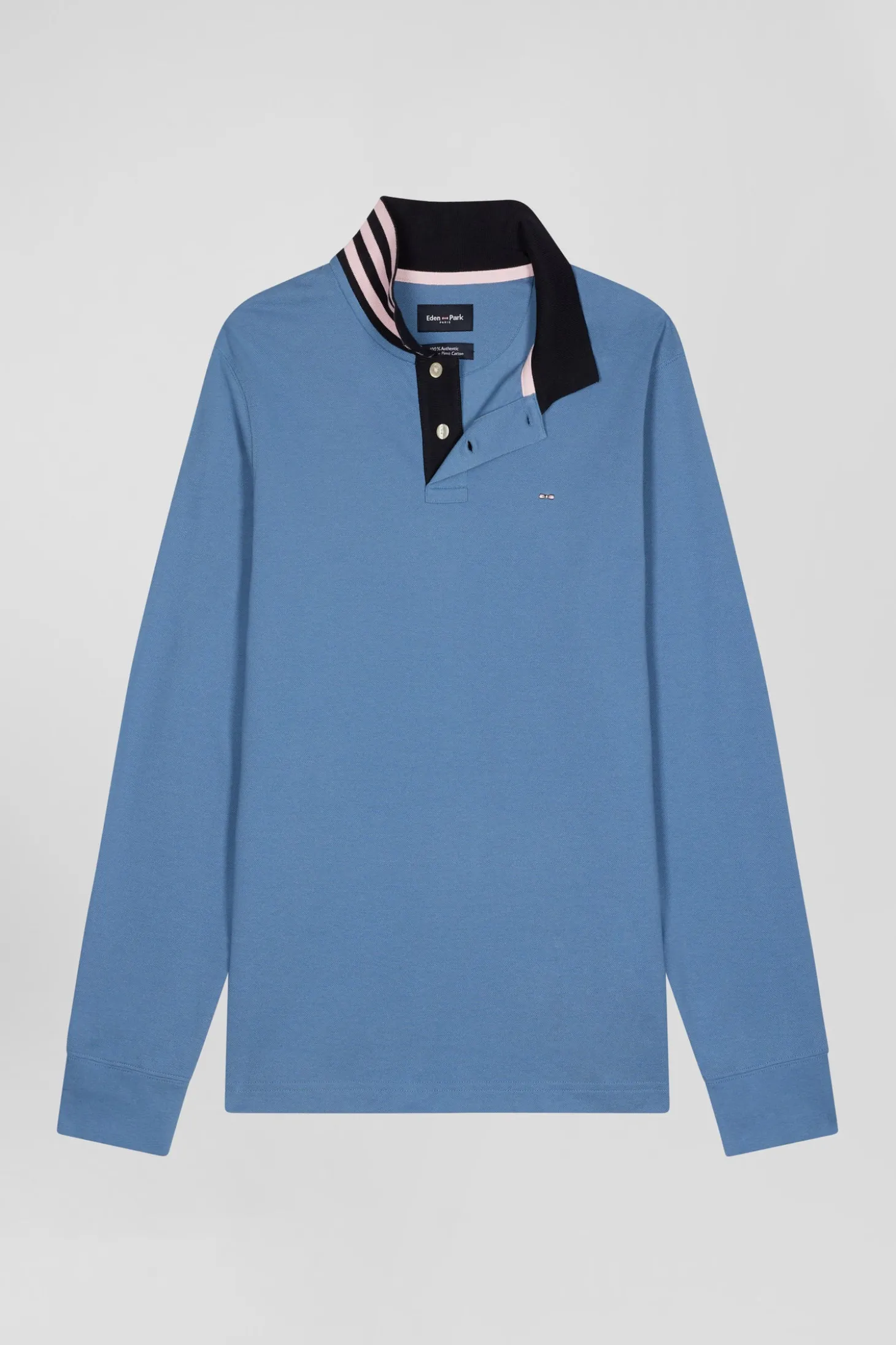 Regular sky blue long-sleeved cotton piqué polo shirt with striped collar