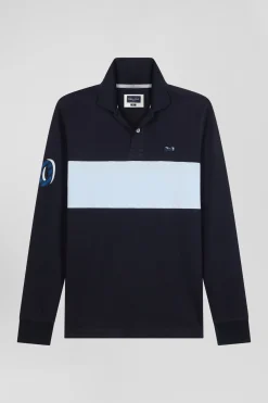 Regular sky blue long-sleeved cotton piqué polo shirt with sleeve embroidery