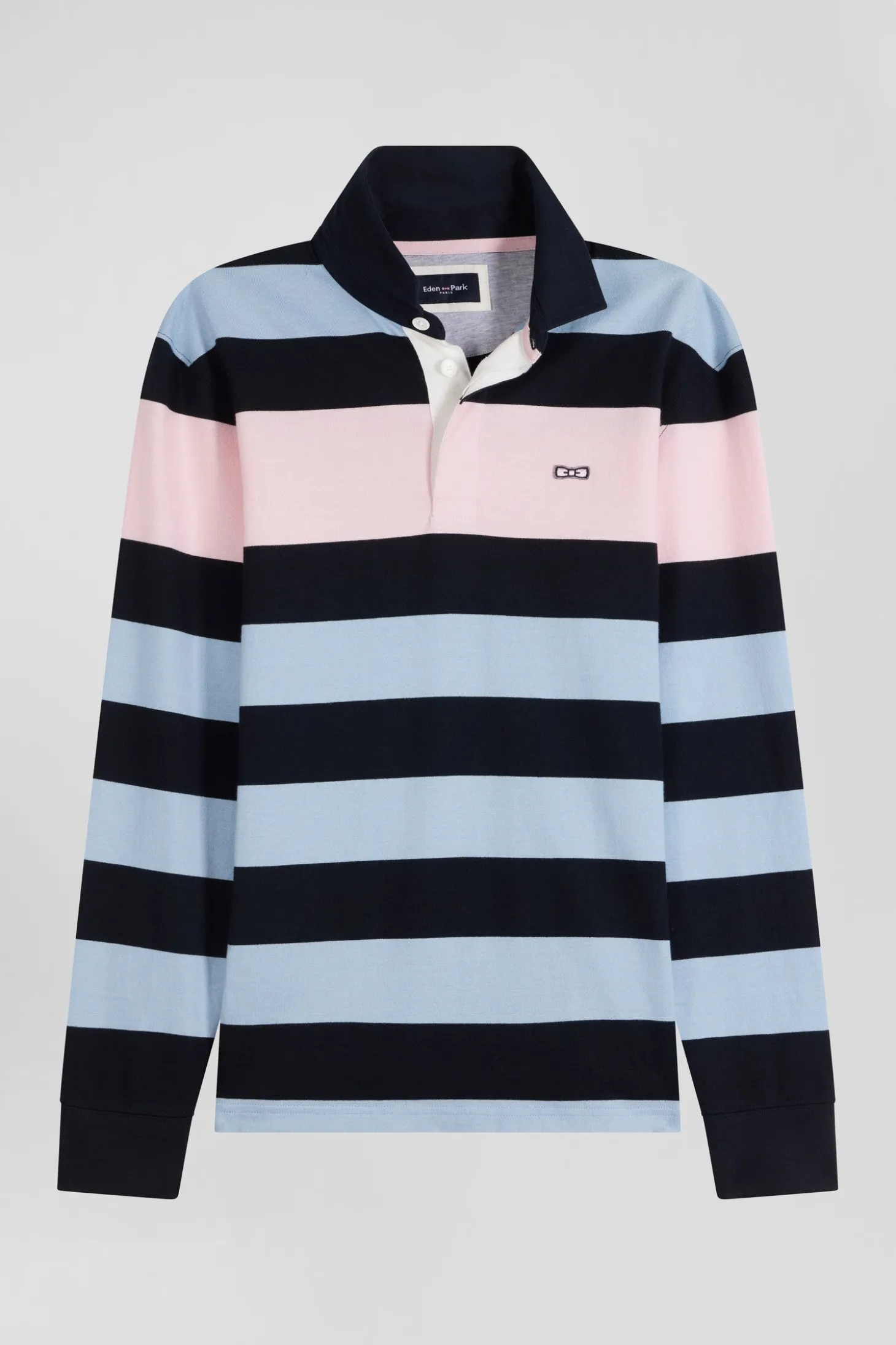 Regular sky blue long-sleeved striped cotton rugby shirt