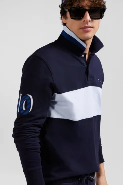 Regular sky blue long-sleeved cotton piqué polo shirt with sleeve embroidery