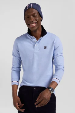 Regular sky blue long-sleeved cotton piqué polo shirt with rubber badge