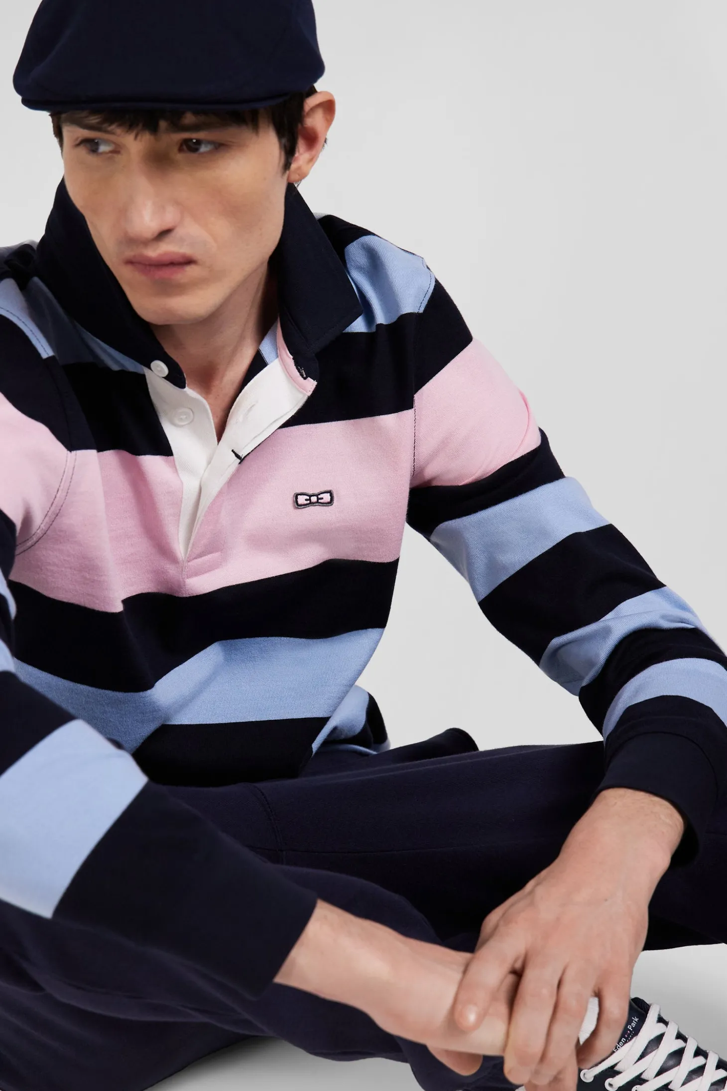 Regular sky blue long-sleeved striped cotton rugby shirt