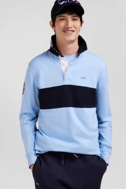 Regular sky blue long-sleeved cotton rugby shirt with sleeve N°10 embroidery