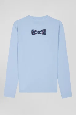 Regular sky blue long-sleeved cotton T-shirt with floral back patch