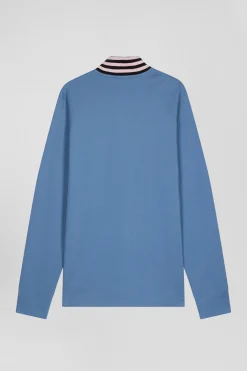 Regular sky blue long-sleeved cotton piqué polo shirt with striped collar