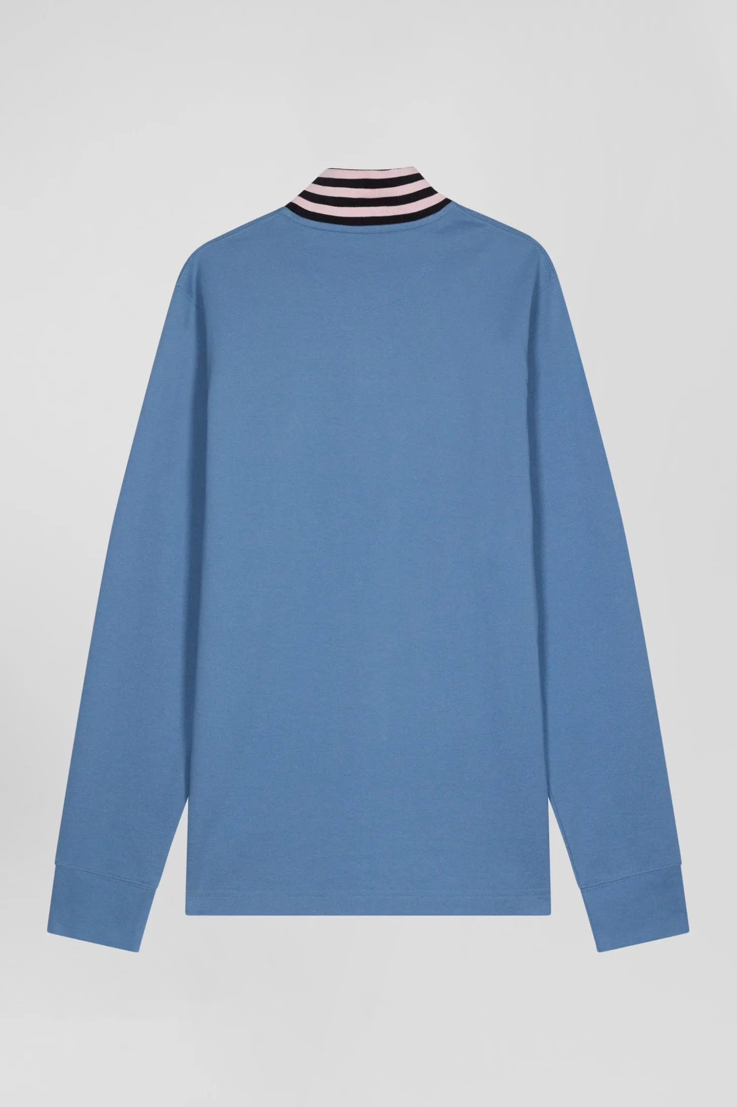 Regular sky blue long-sleeved cotton piqué polo shirt with striped collar