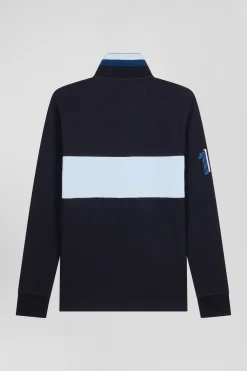 Regular sky blue long-sleeved cotton piqué polo shirt with sleeve embroidery