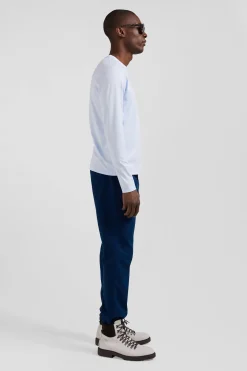 Regular sky blue long-sleeved cotton T-shirt