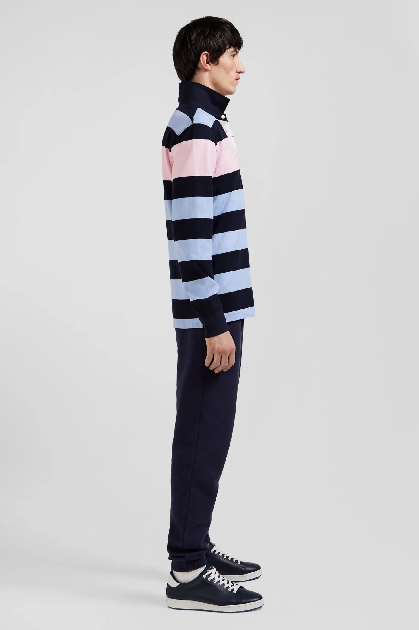 Regular sky blue long-sleeved striped cotton rugby shirt