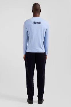 Regular sky blue long-sleeved cotton T-shirt with floral back patch
