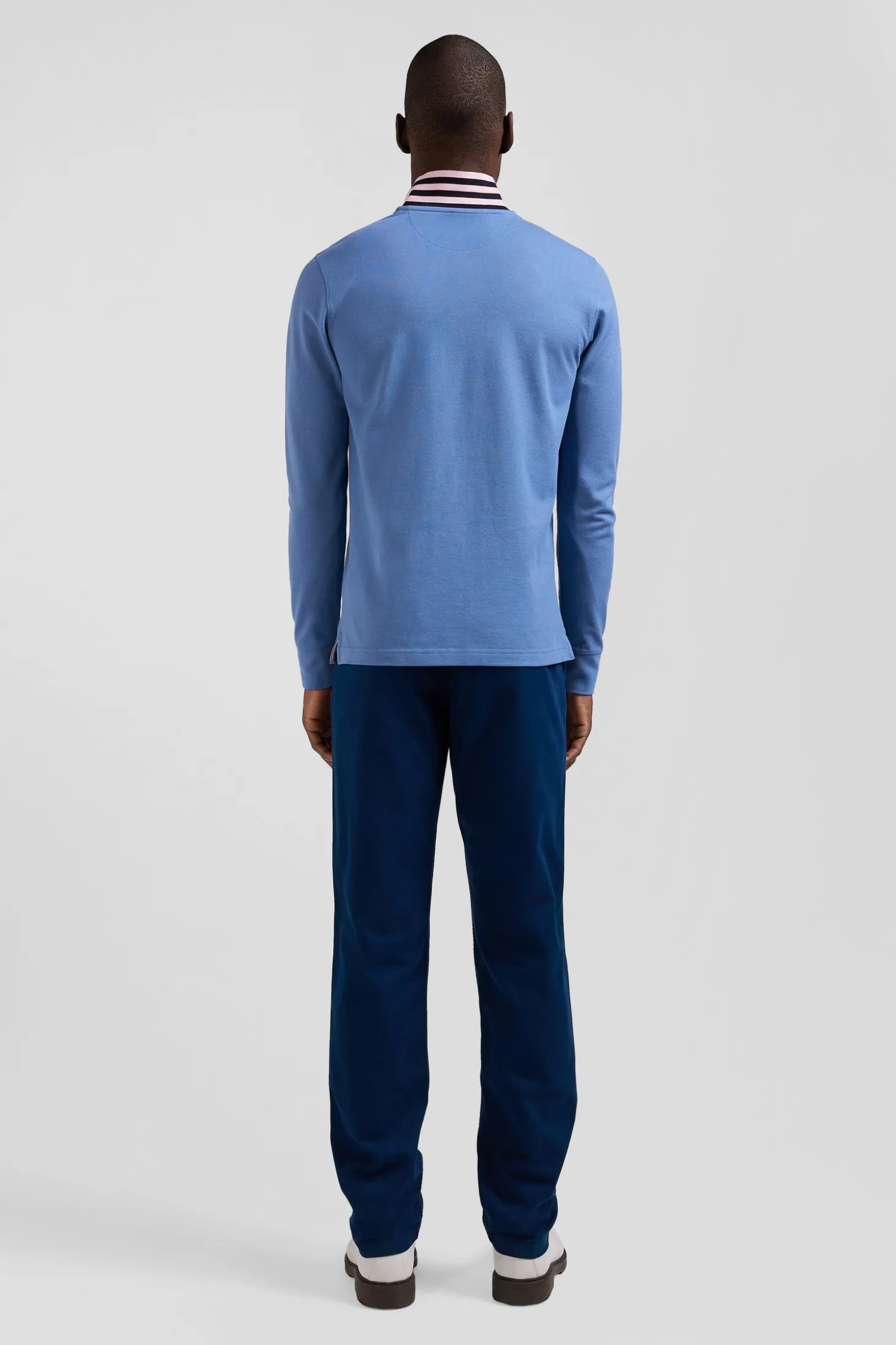 Regular sky blue long-sleeved cotton piqué polo shirt with striped collar
