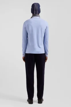 Regular sky blue long-sleeved cotton piqué polo shirt with rubber badge