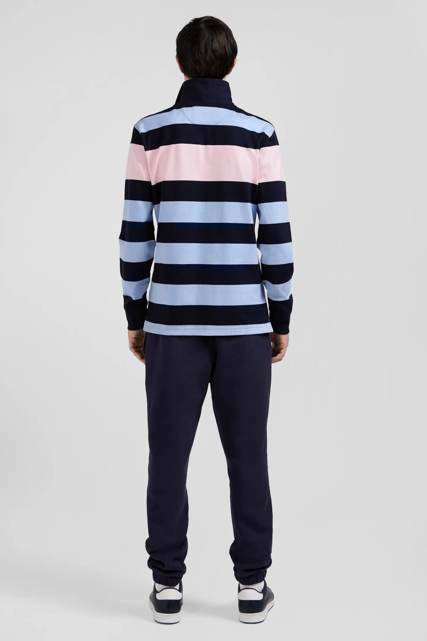 Regular sky blue long-sleeved striped cotton rugby shirt