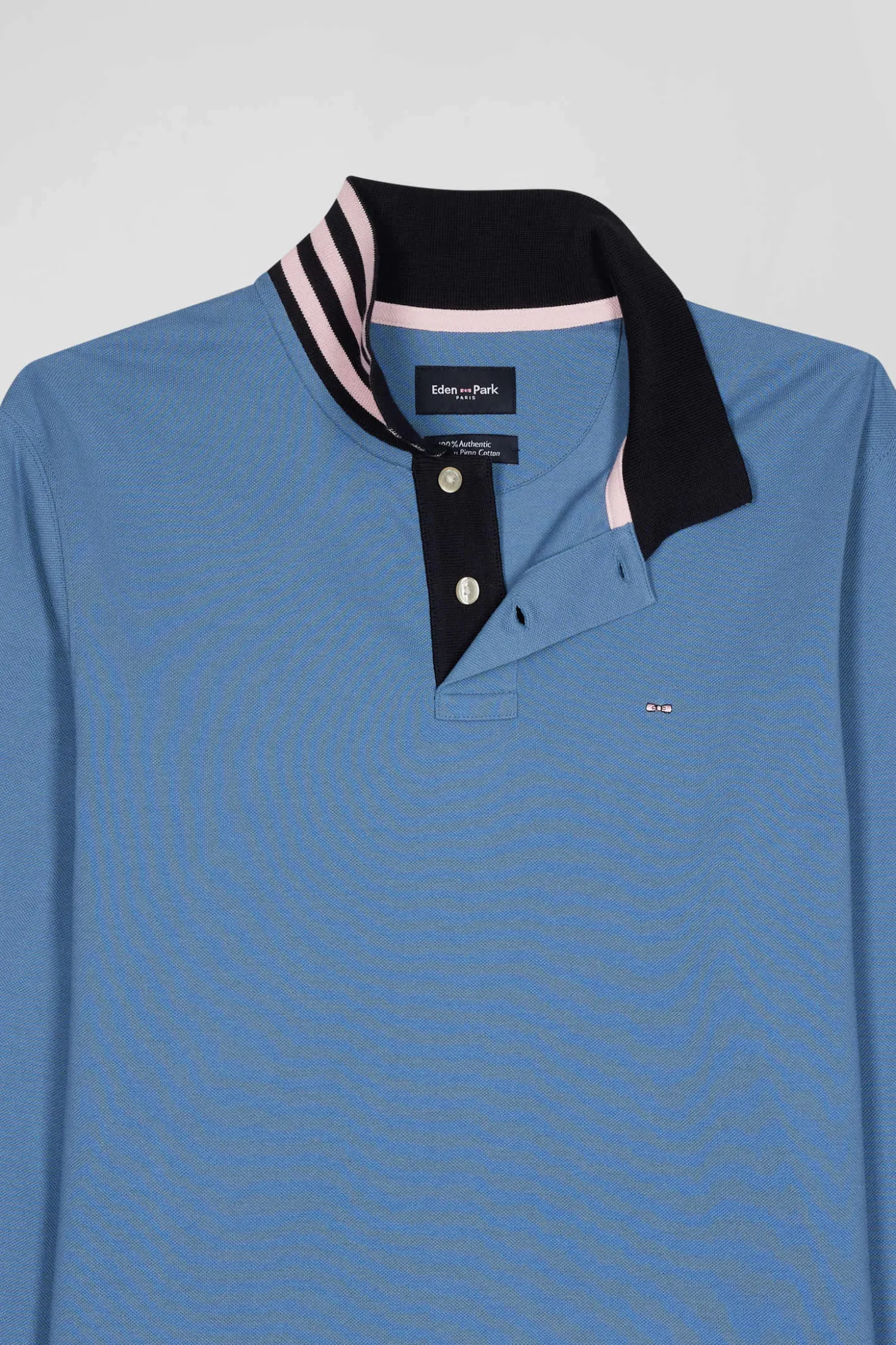 Regular sky blue long-sleeved cotton piqué polo shirt with striped collar