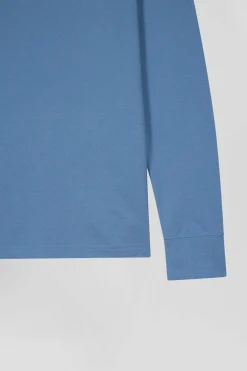 Regular sky blue long-sleeved cotton piqué polo shirt with striped collar