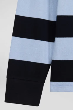 Regular sky blue long-sleeved striped cotton rugby shirt