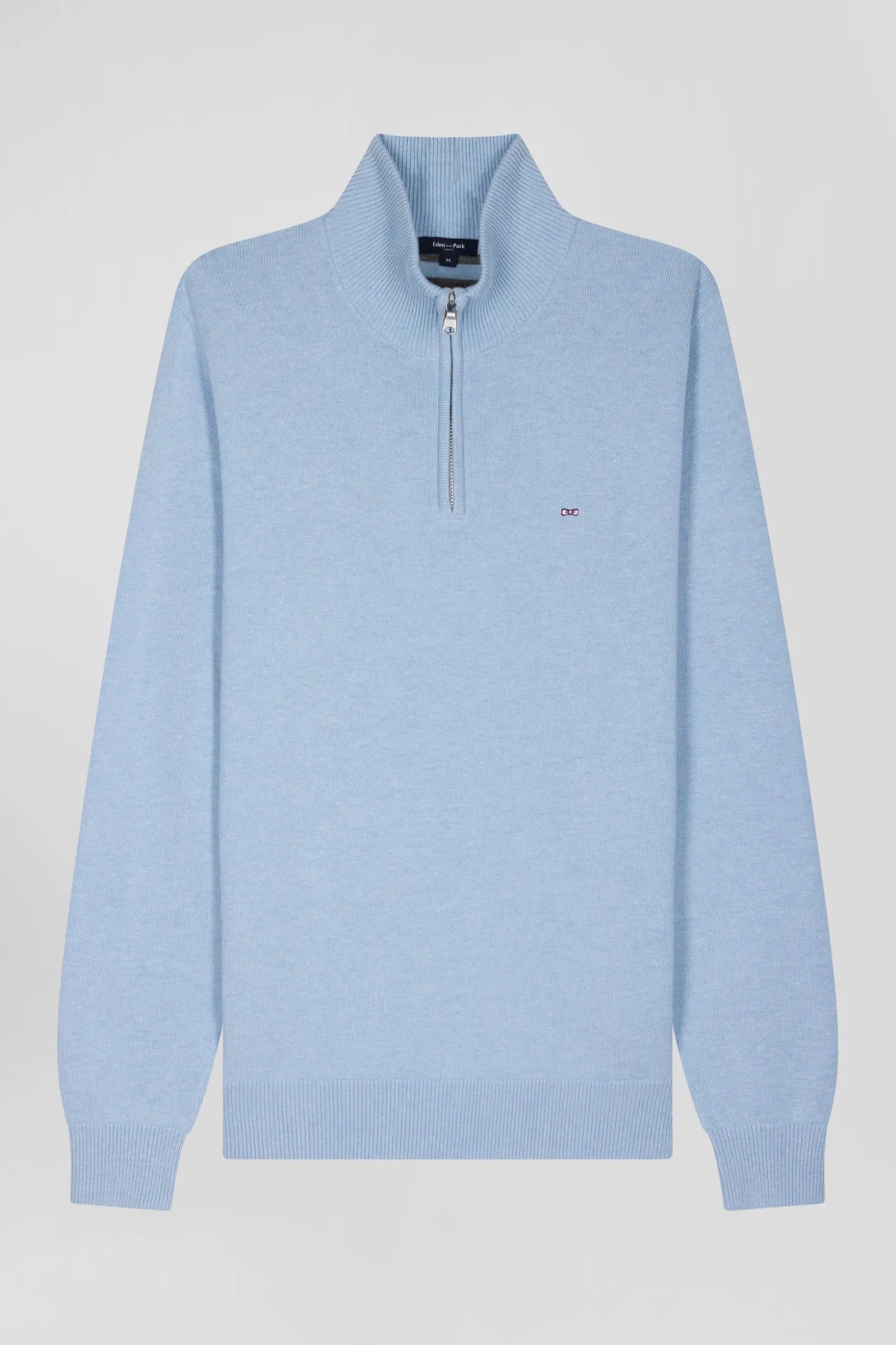 Regular sky blue semi-zipped wool and cotton jumper