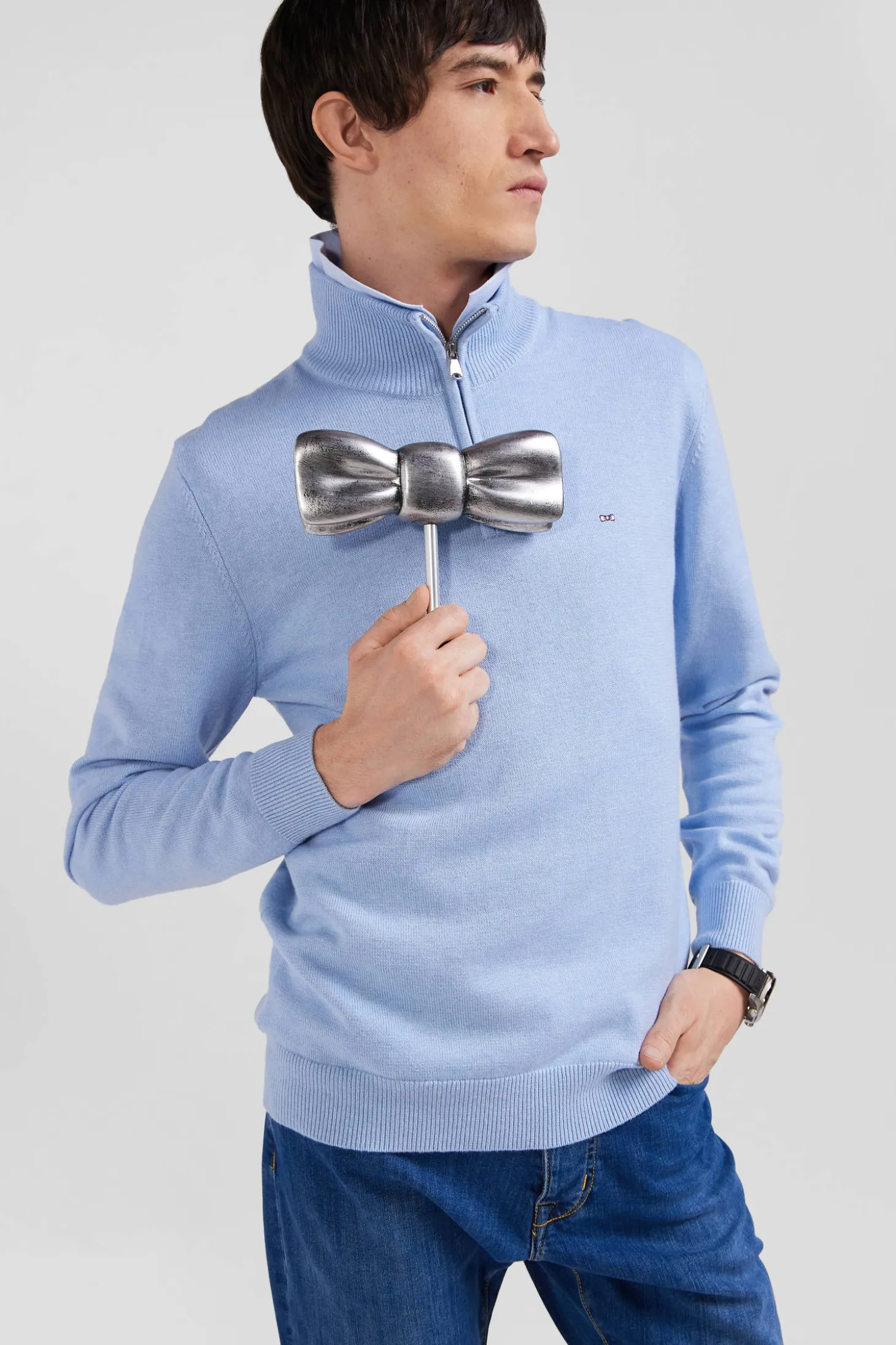 Regular sky blue semi-zipped wool and cotton jumper