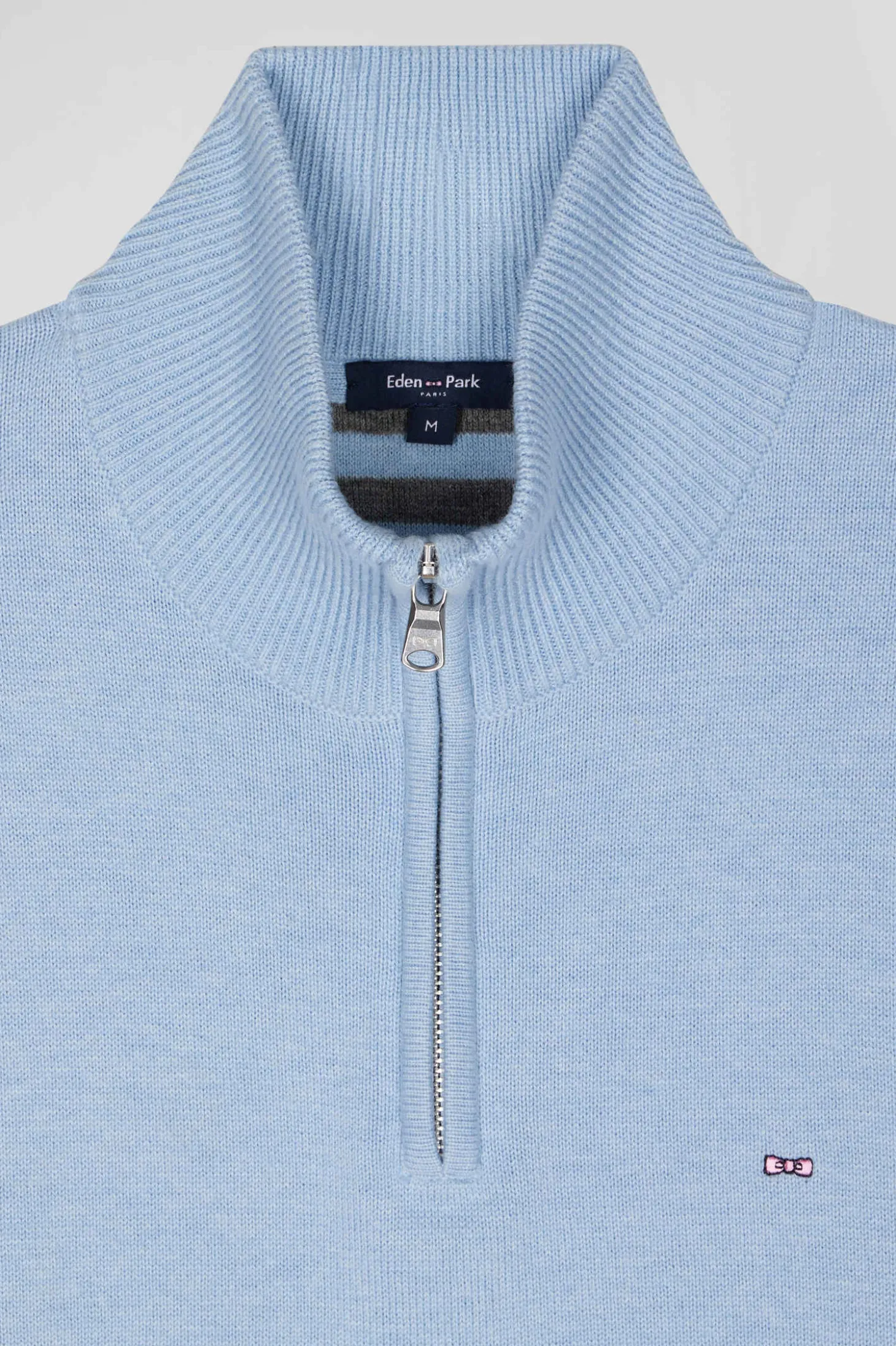 Regular sky blue semi-zipped wool and cotton jumper