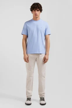 Regular sky blue short-sleeved cotton T-shirt with back patch