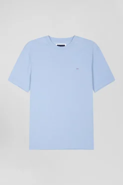 Regular sky blue short-sleeved cotton T-shirt with back patch