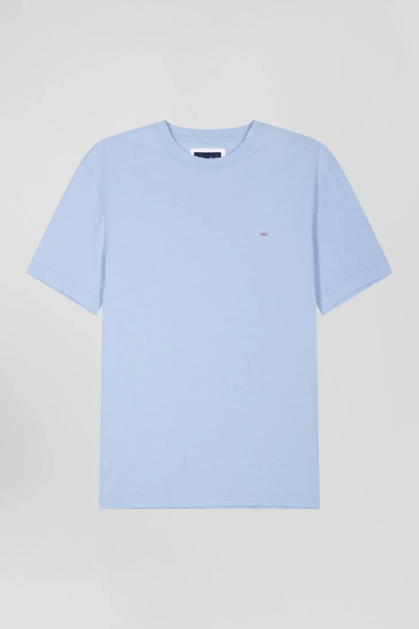 Regular sky blue short-sleeved cotton T-shirt with back patch