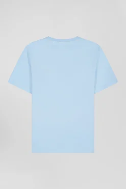 Regular sky blue short-sleeved cotton T-shirt with tie patchwork emblem