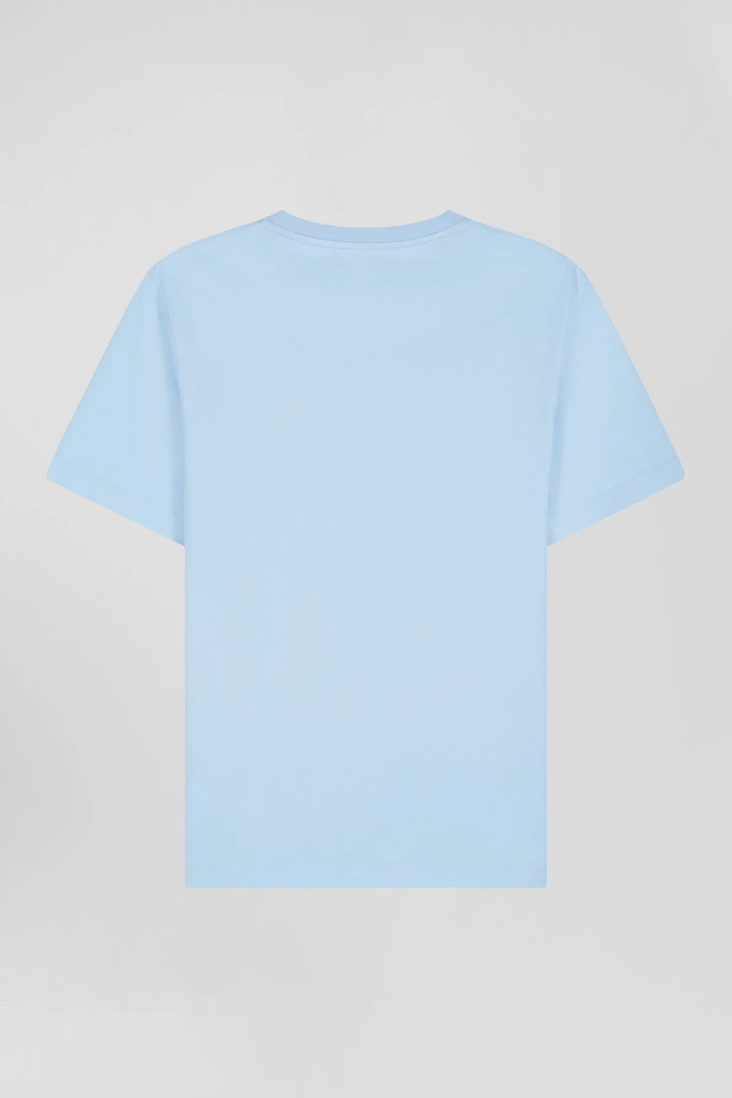 Regular sky blue short-sleeved cotton T-shirt with tie patchwork emblem