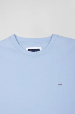 Regular sky blue short-sleeved cotton T-shirt with back patch
