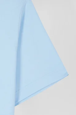 Regular sky blue short-sleeved cotton T-shirt with tie patchwork emblem