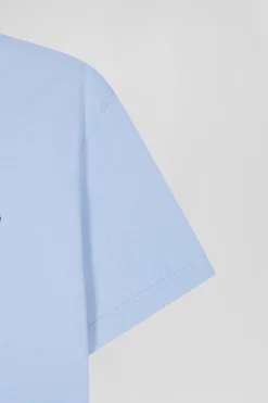Regular sky blue short-sleeved cotton T-shirt with back patch