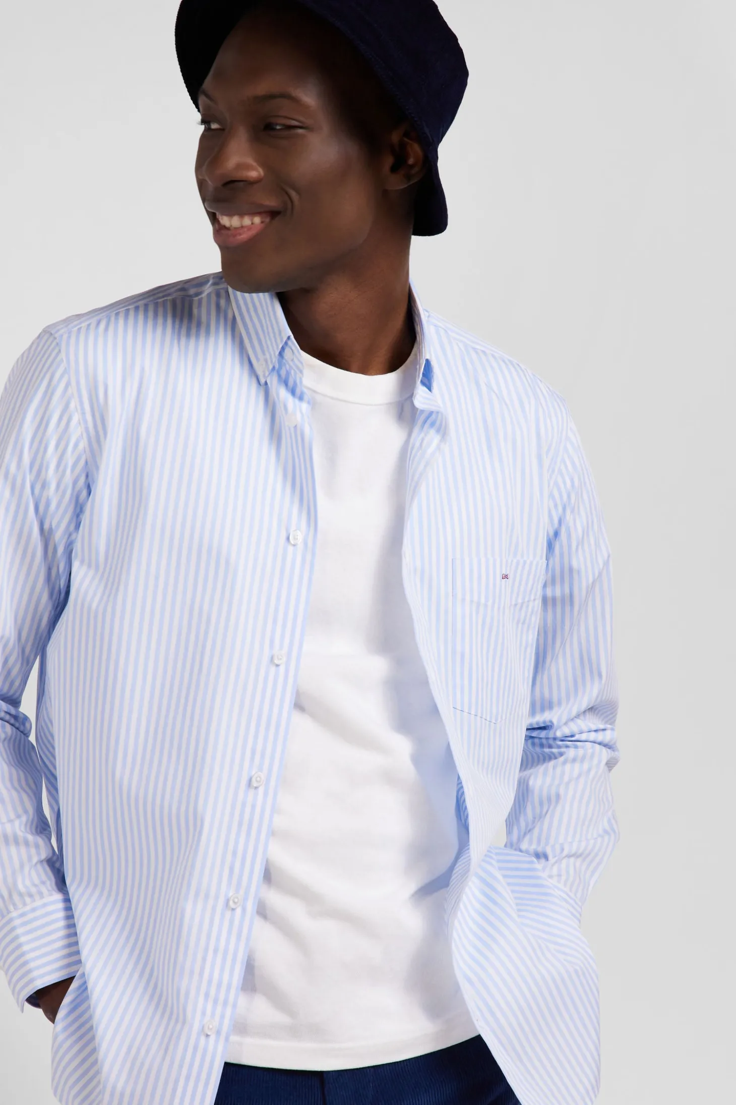 Regular sky blue striped cotton poplin shirt