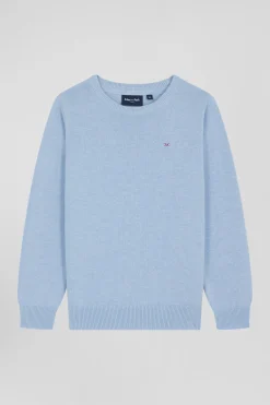 Regular sky blue wool and cotton crew neck jumper
