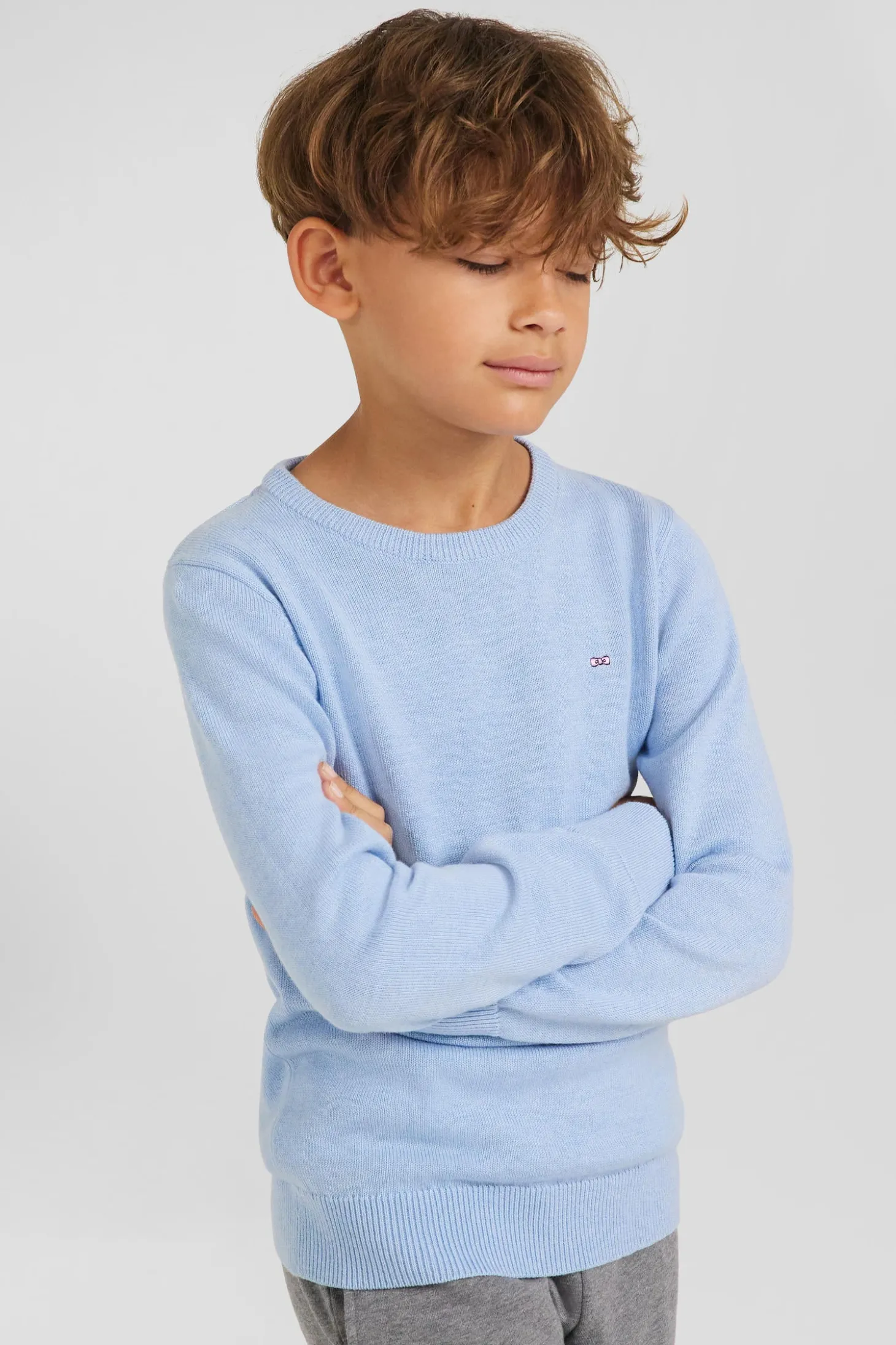 Regular sky blue wool and cotton crew neck jumper