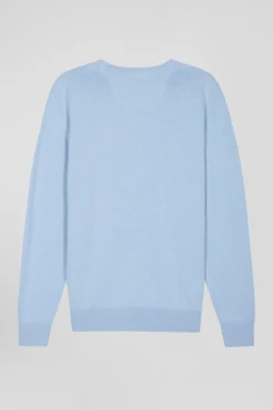 Regular sky blue wool and cotton crew neck jumper