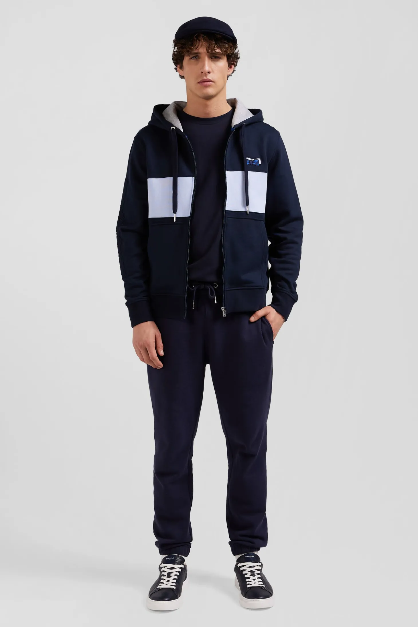 Regular sky blue zipped cotton hoodie