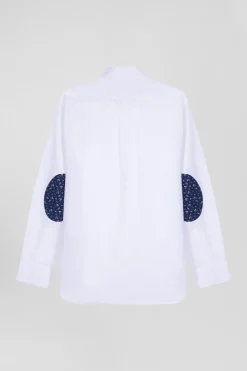 Regular white cotton poplin shirt with button-down collar and printed elbow patches
