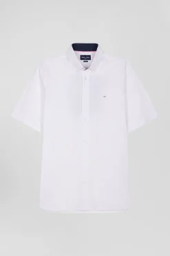Regular white cotton short-sleeved shirt with back 10 embroidery