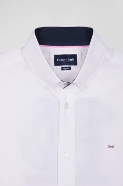 Regular white cotton short-sleeved shirt with back 10 embroidery