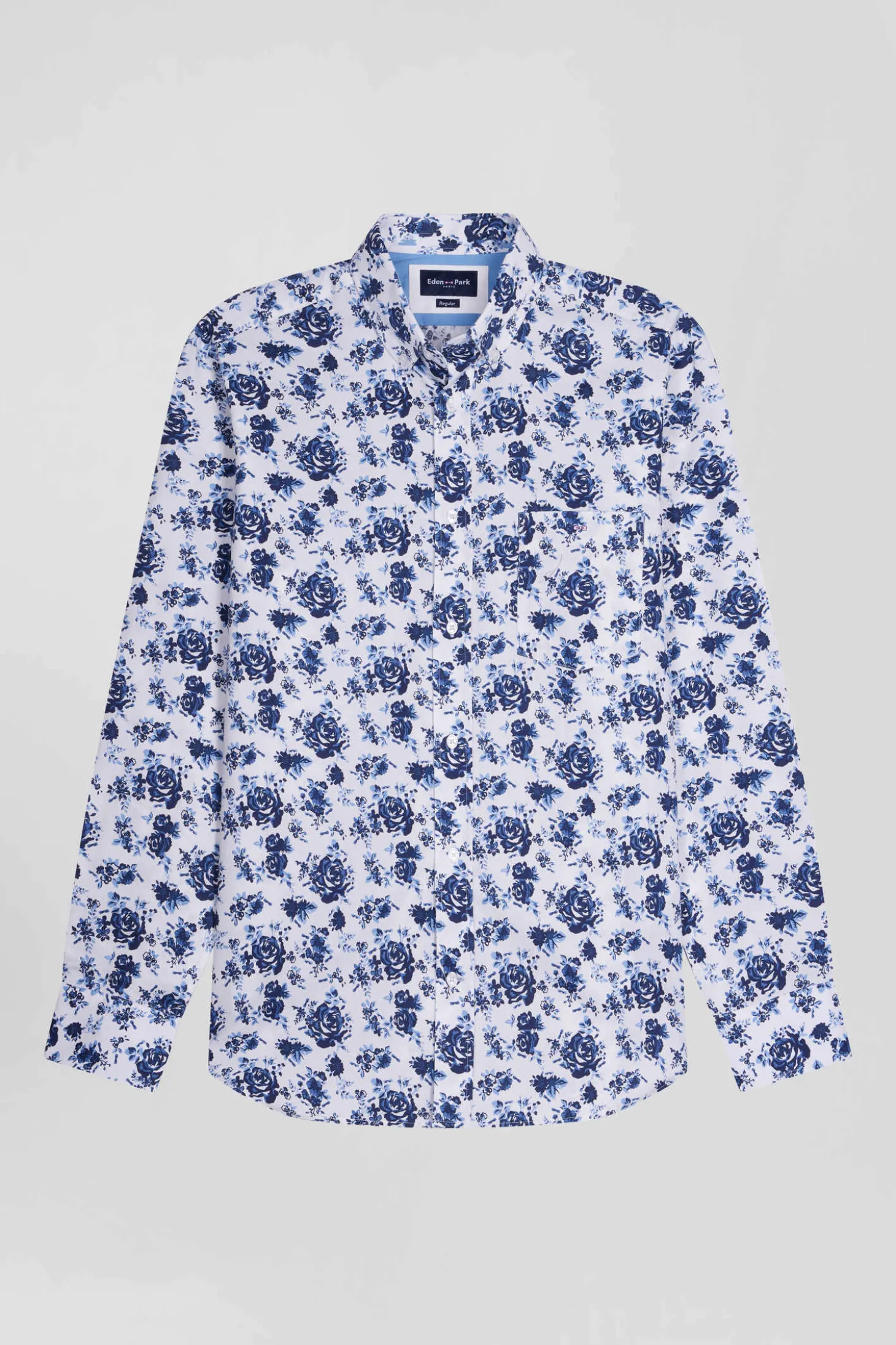 Regular white cotton twill shirt with blue floral print