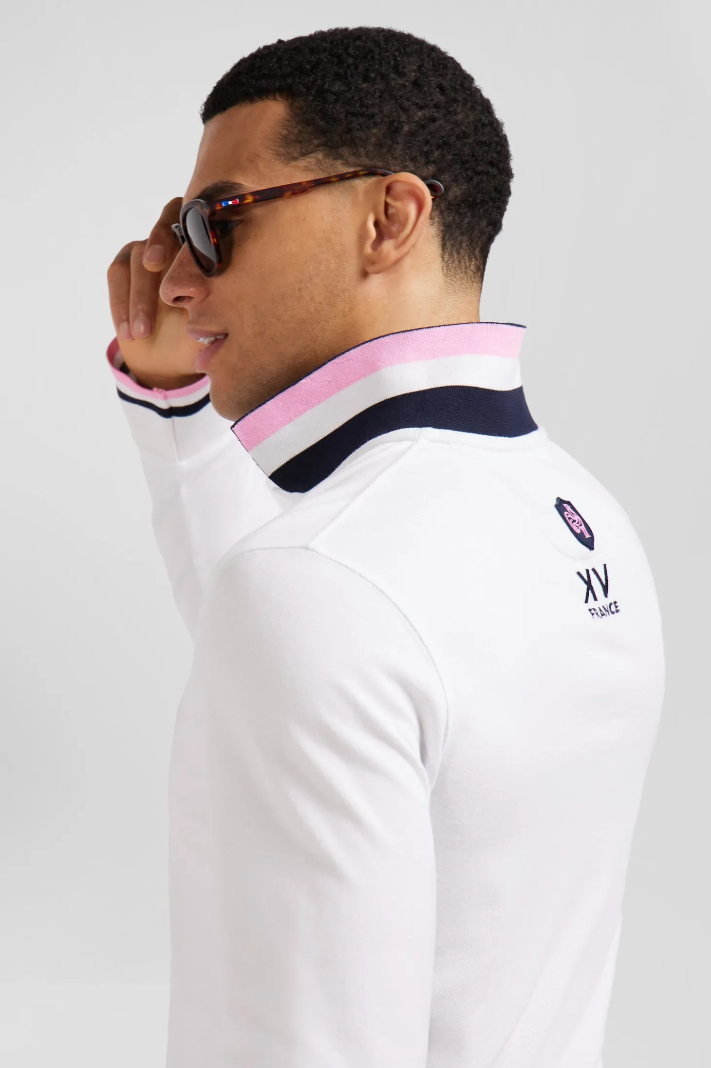 Regular white long-sleeved cotton piqué polo shirt with XV de France embroidery