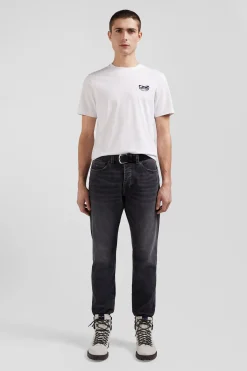 Regular white short-sleeved cotton T-shirt with tie patchwork emblem