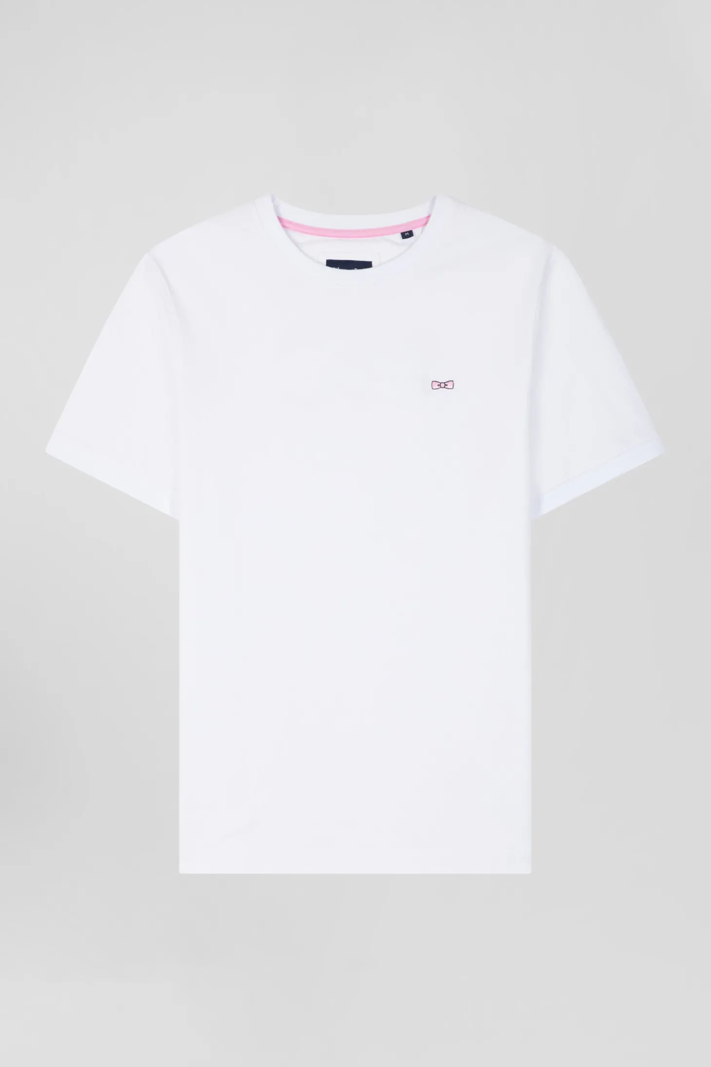 Regular white short-sleeved cotton T-shirt with back emblem embroidery