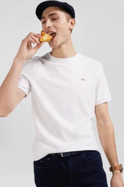 Regular white short-sleeved cotton T-shirt with back emblem embroidery