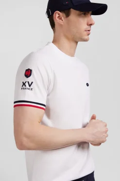 Regular white short-sleeved cotton T-shirt with tricolor XV de France embroidery