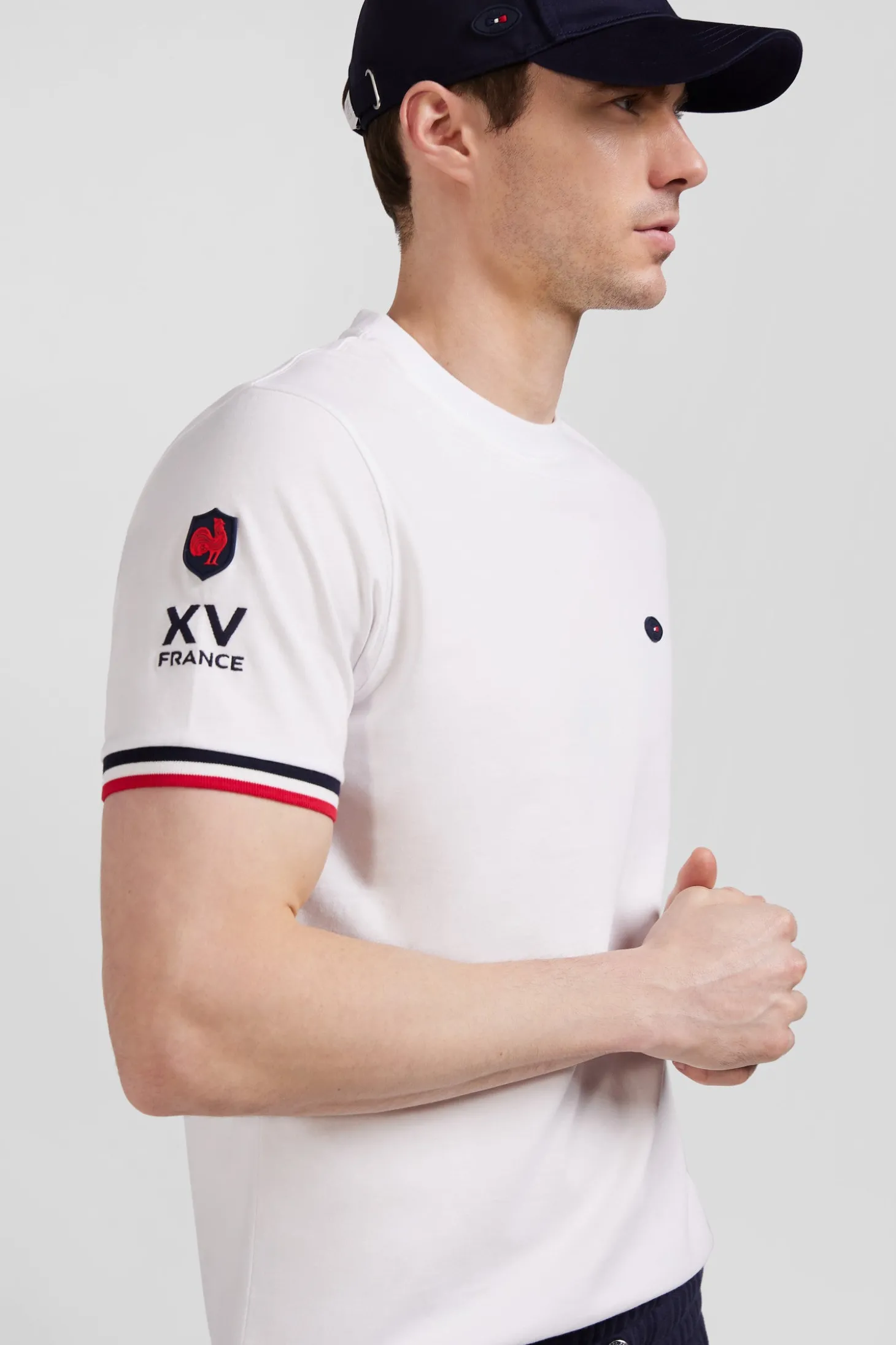 Regular white short-sleeved cotton T-shirt with tricolor XV de France embroidery