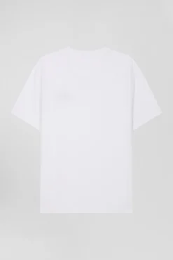 Regular white short-sleeved cotton T-shirt with tie patchwork emblem